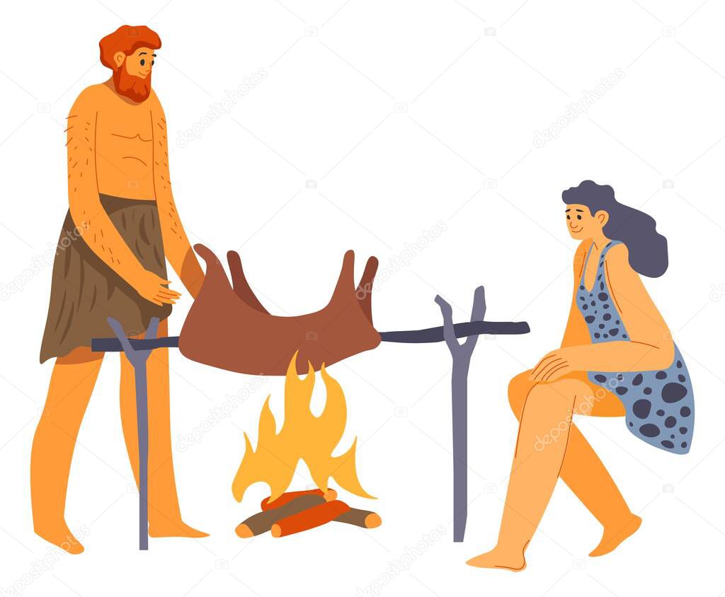 Ancient people cooking meal on bonfire vector