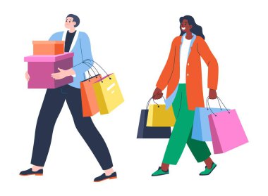 Kadın ve erkek çantalarla alışverişten dönüyorlar.