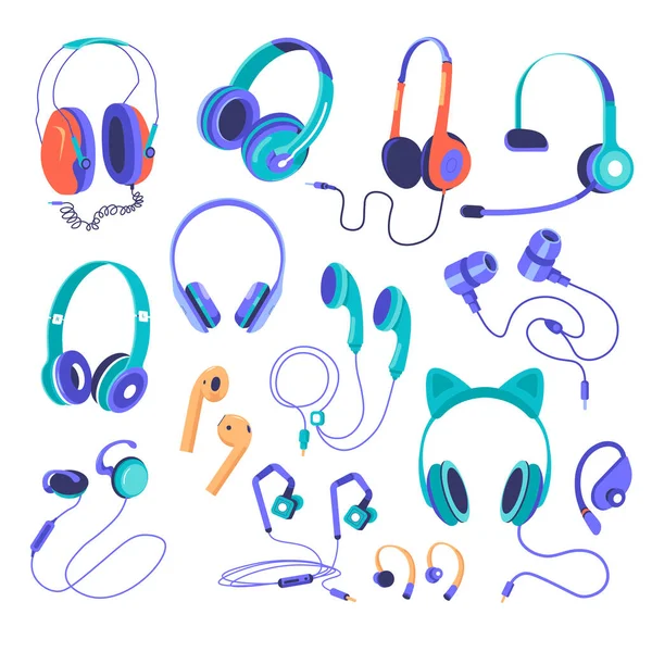 Earphones and earbuds set, wireless technology — Image vectorielle