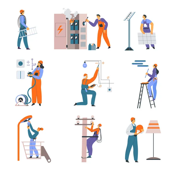 Electrician people working with electricity fix — Stock Vector