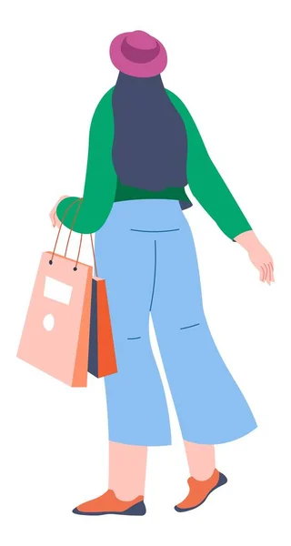 Mujer con bolsos regresando de centros comerciales — Vector de stock