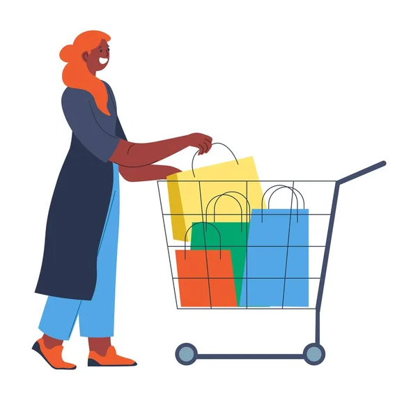 Mujer con carrito de compras, llena de bolsas — Vector de stock