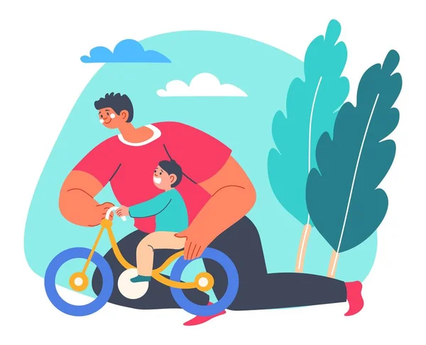 Батько навчає сина їздити на велосипеді на відкритому повітрі весело — стоковий вектор