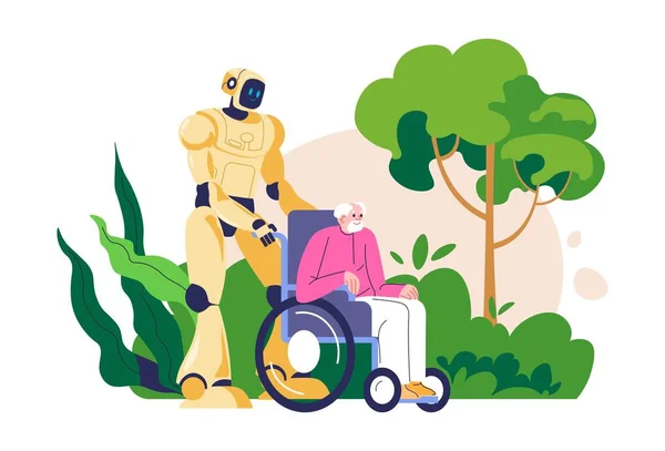 Αυτοματοποιημένη φροντίδα ηλικιωμένων, βοηθός ρομπότ — Διανυσματικό Αρχείο