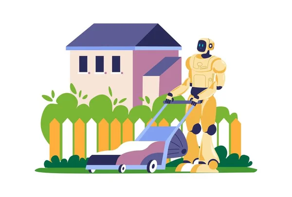 Robot pomáhá sekat trávník na dvorku, vektor — Stockový vektor
