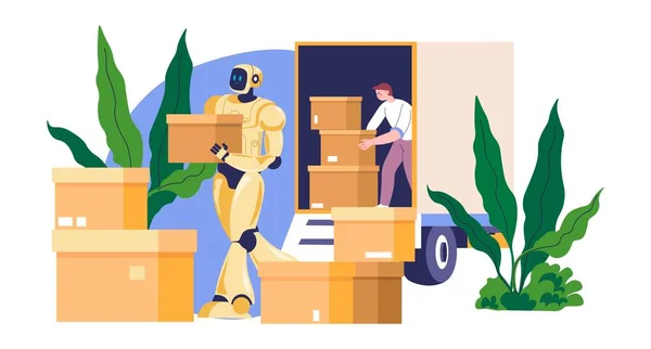 Robô ajudando a mover caixas, assistente futurista —  Vetores de Stock
