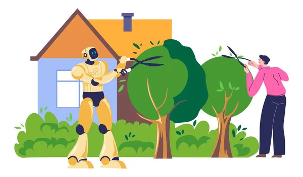Robot helping to trim trees, gardening assistance — Stock Vector
