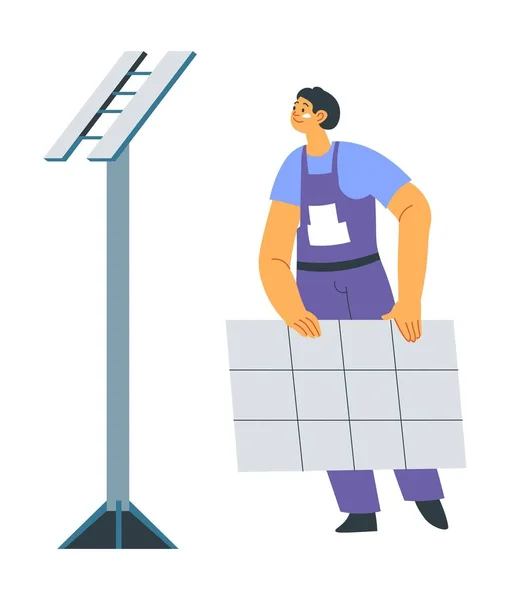 Человек, устанавливающий солнечные батареи, устойчивая энергия — стоковый вектор