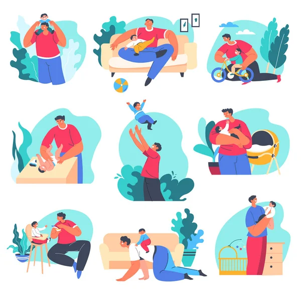 Dad and son, care for baby and leisure time vector —  Vetores de Stock