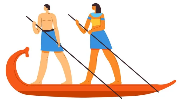 Starożytni Egipcjanie pływający na drewnianej łodzi — Wektor stockowy