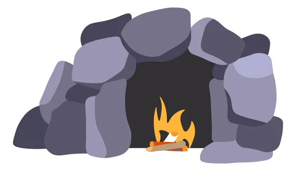 Bonfire in cave, ancient rocks and cliffs vector —  Vetores de Stock