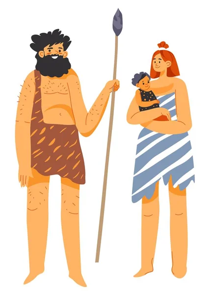 Neanderthal family, mother and father with child — Wektor stockowy