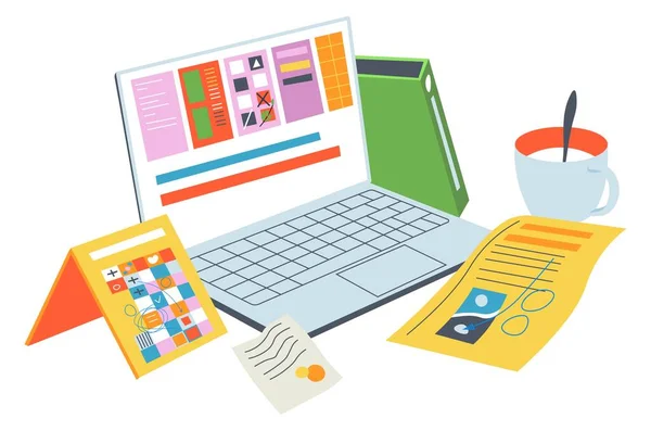 Laptop met organisatoren en planners, management — Stockvector