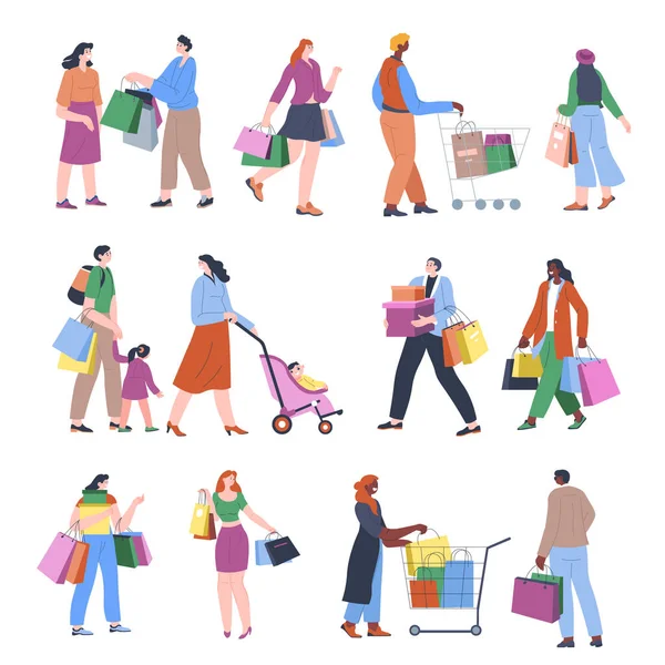 Shopping people with bags, hobby or leisure time — Vettoriale Stock