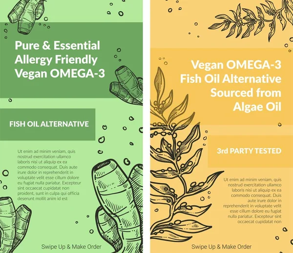 Pure een essentiële veganistische omega 3 algenolie set — Stockvector