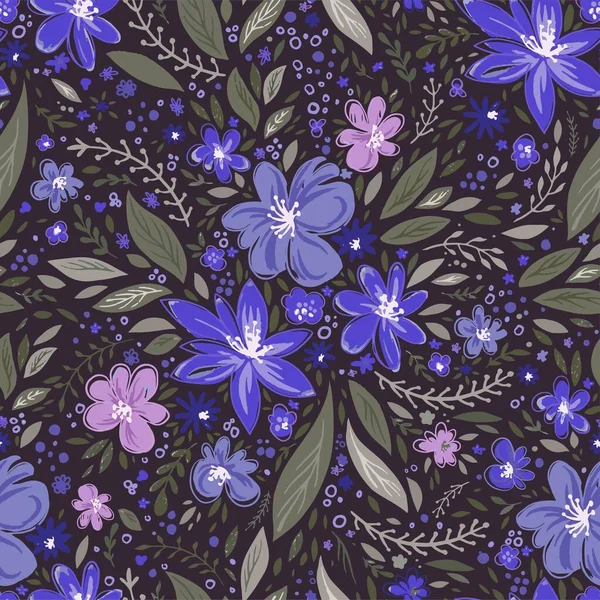 Flores y hojas florecientes, patrón sin costuras — Vector de stock