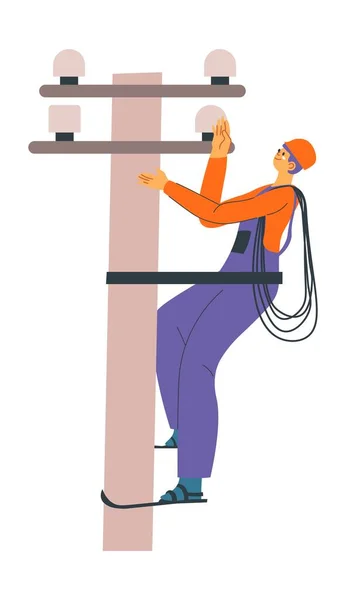 Eletricista subindo no pilar de concreto com fio — Vetor de Stock
