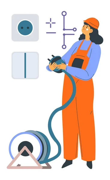 Electrician woman fixing socket, handy worker — Image vectorielle