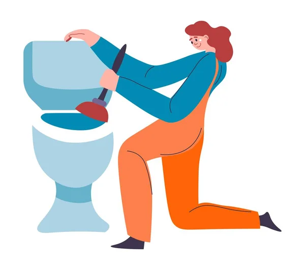 Plumber woman cleaning clogged toilet, vector —  Vetores de Stock