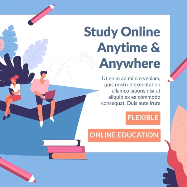 Estudie en línea, en cualquier momento y en cualquier lugar web flexible — Vector de stock