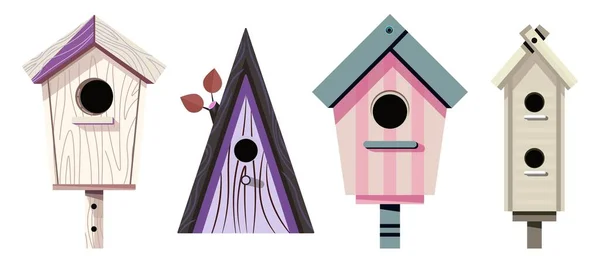 Alimentadores de aves de madera, pequeñas casas vector — Archivo Imágenes Vectoriales