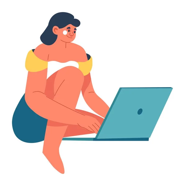 Vrouw met laptop die aan het project werkt of speelt — Stockvector