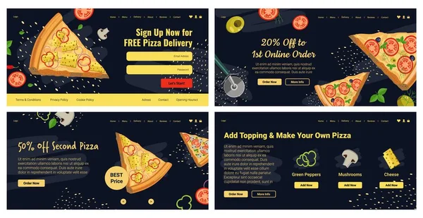 Pizza online order offer at landing banner set — Stock Vector