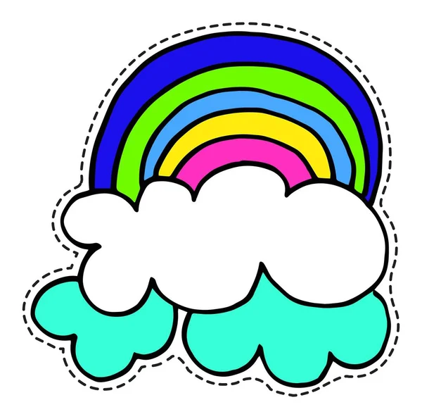 Regnbåge och moln, skyskrapa klistermärke eller ikon — Stock vektor