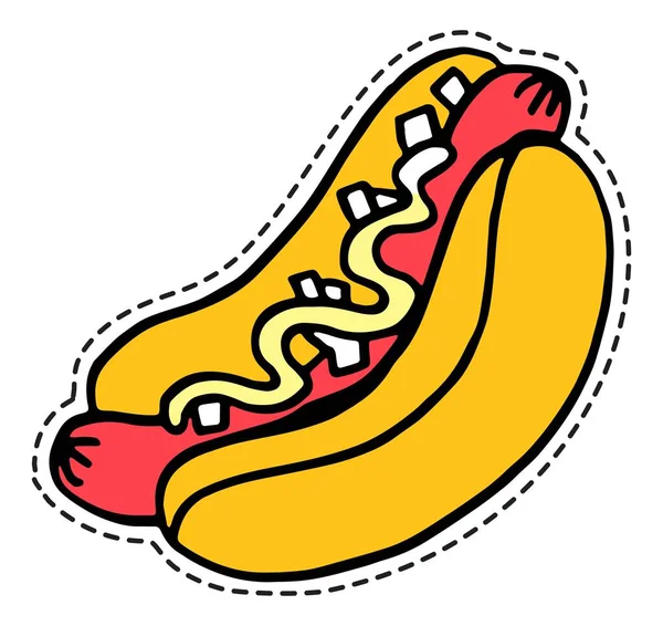 Hot dog fast food con salsiccia, adesivo o icona — Vettoriale Stock