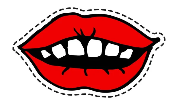 Maquillaje en los labios, boca abierta mostrando dientes pegatina — Vector de stock