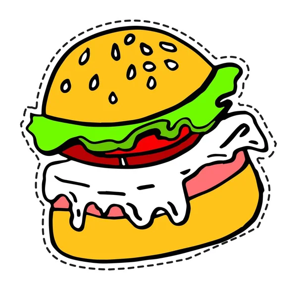 Hambúrguer ou hambúrguer, saboroso lanche adesivo fast food —  Vetores de Stock