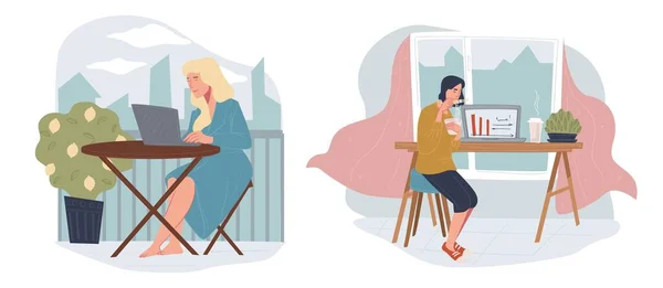 Mujeres trabajando desde casa, freelancers con laptop — Vector de stock