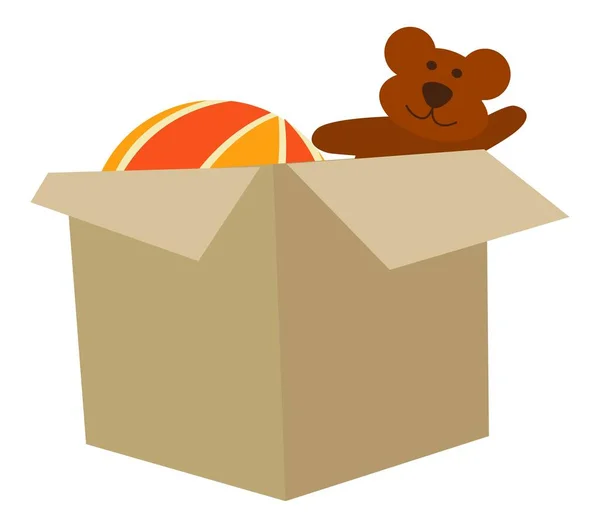 Caixa com crianças brinquedo, urso de pelúcia e bola de balão — Vetor de Stock