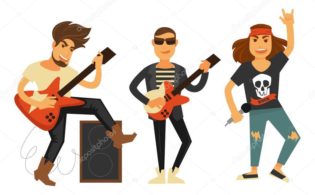 Rock band, musicians performing on stage vector