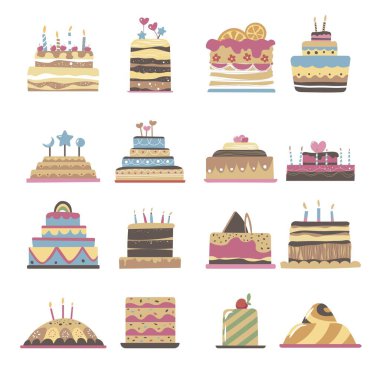 Çeşitli pasta çeşitleri ve lezzetli tatlılar, dilek tutmak için mumları yakan kremalı ve şekerli doğum günü tatlılar. Çikolata ve kremalı, çilekli ya da kirazlı. Düz biçimli vektör