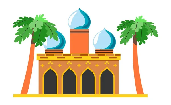 イスラム教徒が祈るための古代の宮殿やモスク アラビアの国 文化や遺産のランドマークや魅力 ドームやアーチ ヤシの木の外観を持つ建築物 平型ベクトル — ストックベクタ