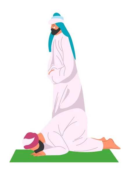 穆斯林在特殊的地毯上祈祷 阿拉伯国家的宗教仪式 传统和文化以及伊斯兰教 灵性和与上帝的联系 矢量呈扁平型 — 图库矢量图片