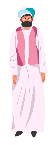 伝統的な服や頭の上にターバンを身に着けている男性の文字 アラビア文化と伝統 控えめな男 ビジネスマンやトレーダー シンプルな服の一般的な市民の性格 平型ベクトル — ストックベクタ