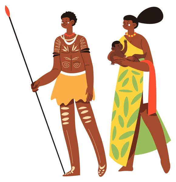 男人和女人穿着传统的非洲服装 手里拿着新生儿 在非洲的部落家庭 土著人拿着长矛猎杀动物以求生存 矢量呈扁平型 — 图库矢量图片