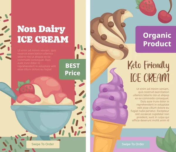 最好的价格美味的有机产品 非乳制品冰淇淋冷冻甜点草莓和巧克力洒在顶部 促销横幅 销售广告和提供 矢量呈扁平型 — 图库矢量图片