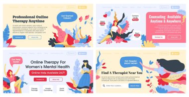 İnternet sayfasında profesyonel terapi teklifi. Her zaman ve her yerde danışmanlık hizmeti, vektör illüstrasyonu. Kadın akıl sağlığı için terapist desteği, pankarttaki kız karakter