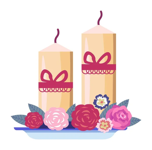 レースの装飾で飾られたキャンドルとロマンチックな組成物 トレイにバラの花束 結婚式 休日や儀式 ヴィンテージファッション サンバレンタインのためのアレンジメントが存在します 平型ベクトル — ストックベクタ