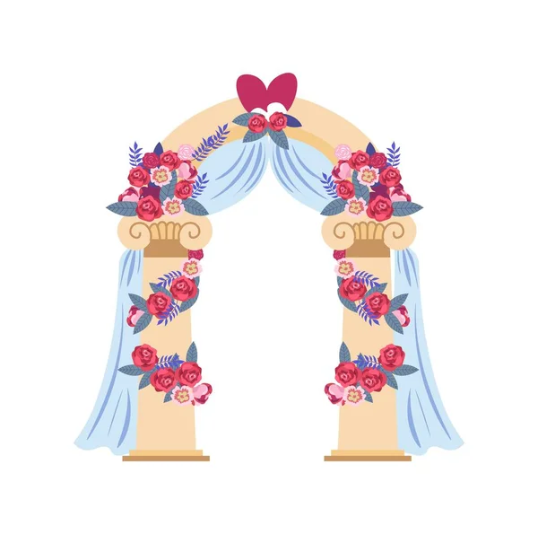 拱门上装饰着花 花边和婚纱 独立的浪漫装饰庆祝节日 玫瑰和树叶中的植物 矢量呈扁平型 — 图库矢量图片