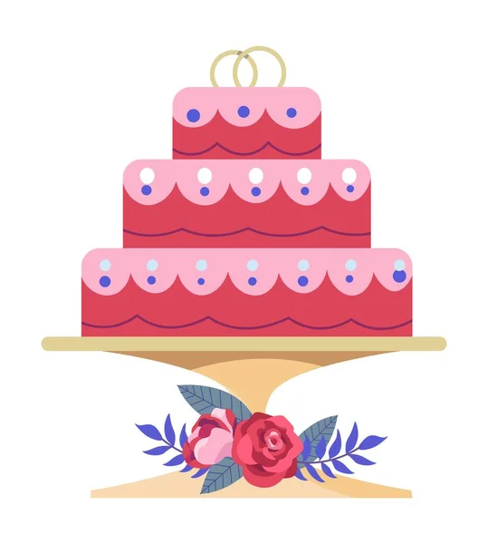 Geleneksel Düğün Pastası Süslemesi Üzerinde Nişan Yüzükleri Olan Lezzetli Fırında — Stok Vektör