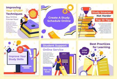 Şebeke setinde çalışma teknikleri geliştirme. Küçük erkek kadın karakterli sosyal medya afişi koleksiyonu, vektör illüstrasyonu. Öğrenim programını çevrimiçi, öğrenci desteğini çevrimiçi olarak oluştur