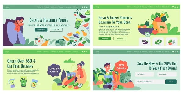 Vegetariano Loja Publicidade Conjunto Páginas Web Homem Plano Personagem Mulher —  Vetores de Stock