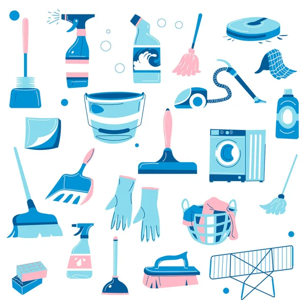 Home Electric Appliances Cleaning Detergents Brushes Mops Bottles Chemical Substances — Stock Vector