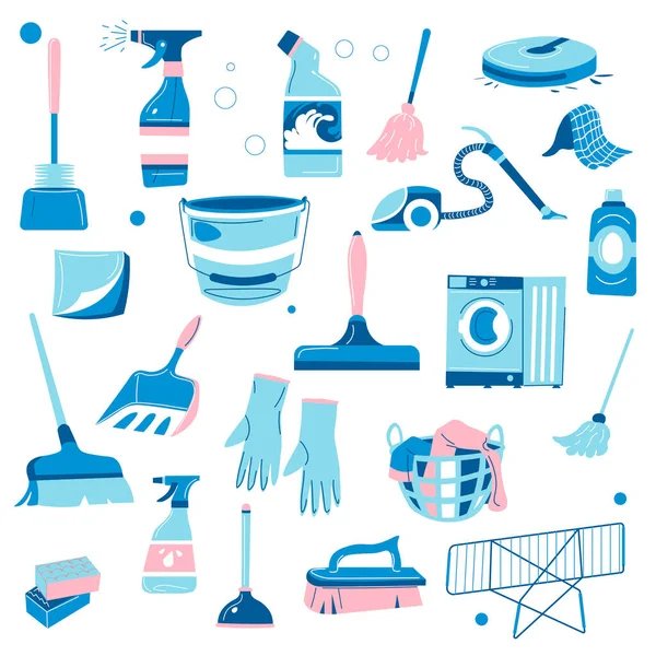 Home Electric Appliances Cleaning Detergents Brushes Mops Bottles Chemical Substances — Image vectorielle