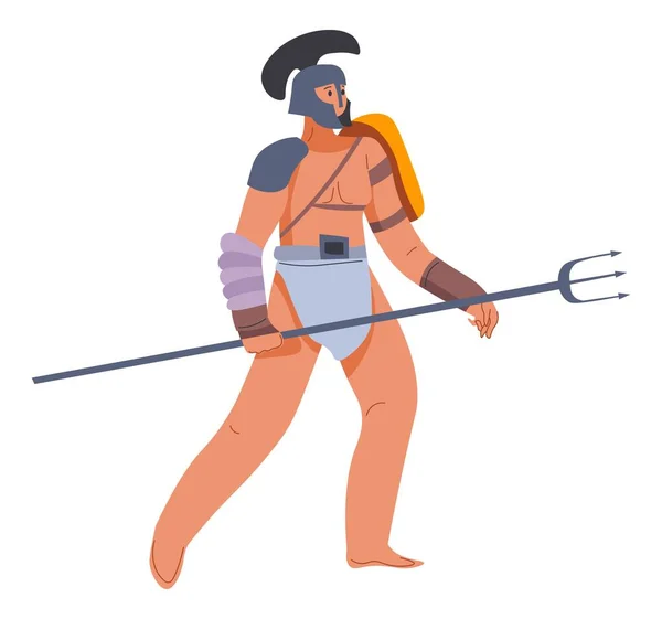 Spartan Male Character Warrior Spear Trident Wearing Helmet Roman Empire — Wektor stockowy