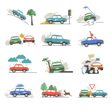 Trafik kazası, izole edilmiş araba kazası, ağaca çarpan araç. Alkol etkisi altında araba kullanmak, ormandan kaçan geyikler, yağmur bulutları. Sokaktaki diğer sürücüyle çarpışma. Parçalara zarar verme ve kırma vektörü.